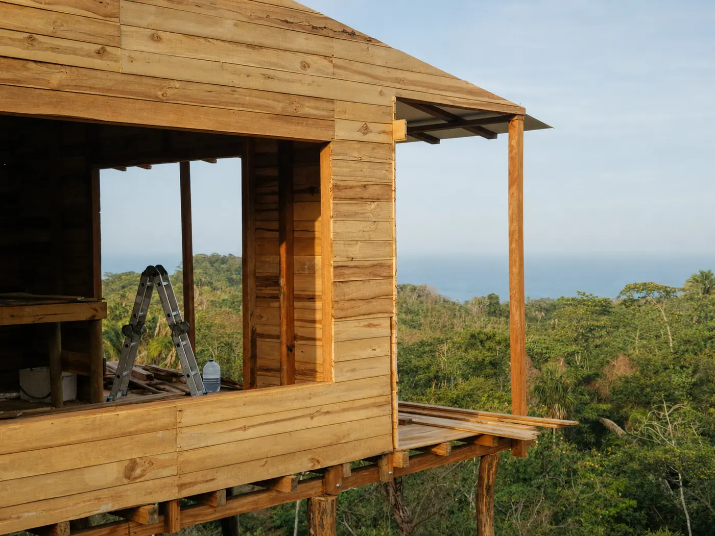 El Hobo cabin during construction above the forest