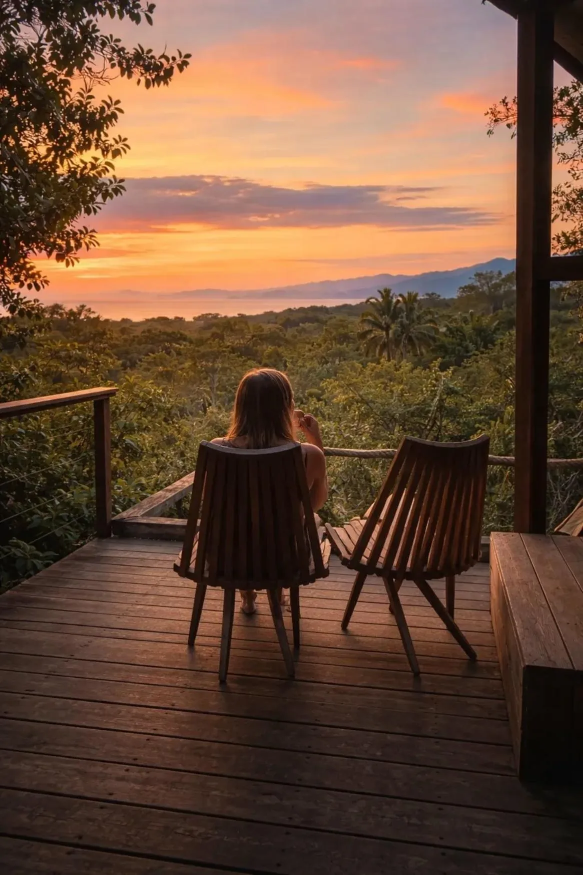 Sunset terrace view over Caribbean coastline — eco lodge investment Colombia Santa Marta